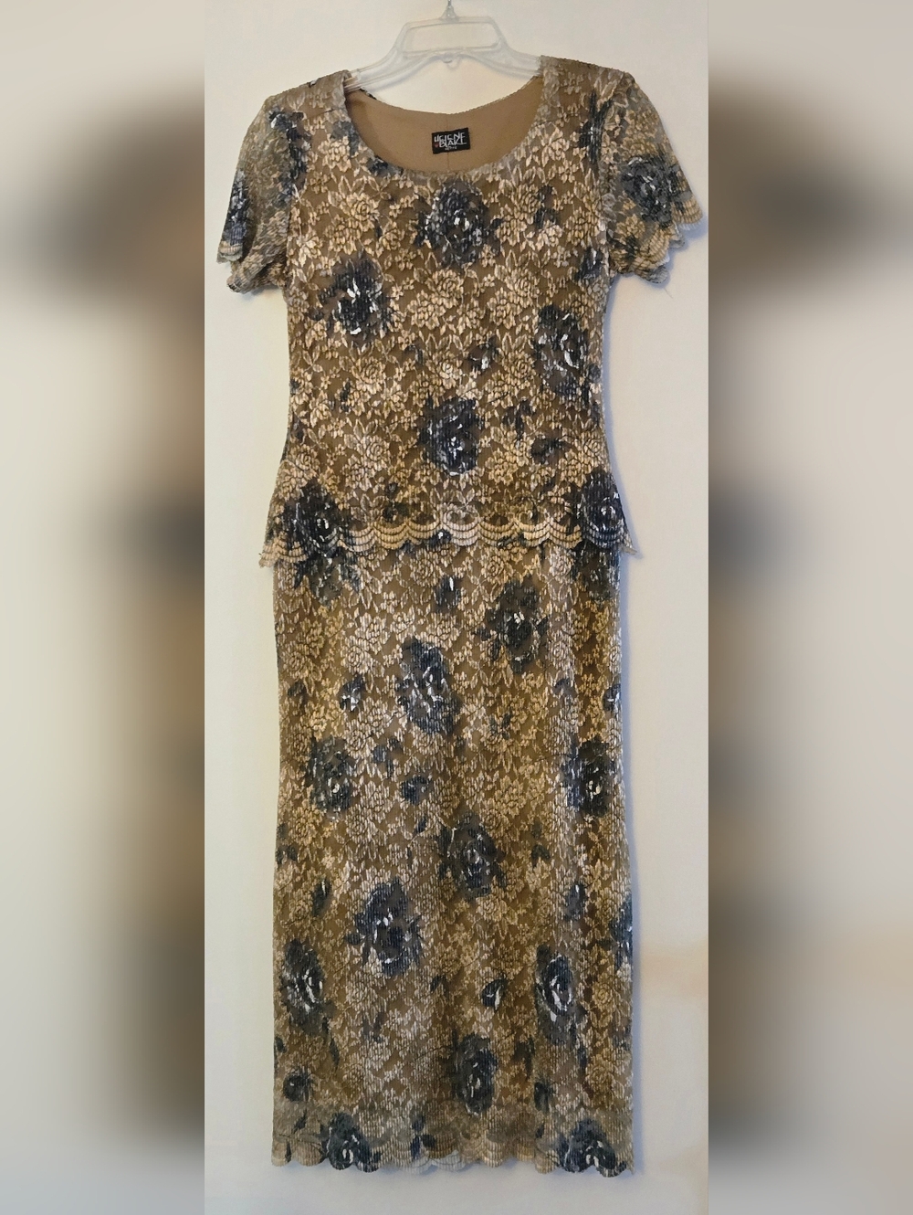 Helene Blake Lace Overlay Maxi Dress in Gold with Blue Floral Accents